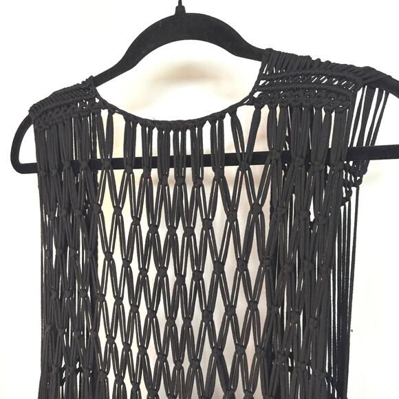 Festival Beach Crochet Black Coverup Western Boho Long Fringe Knot Open Knit Top - Picture 5 of 8